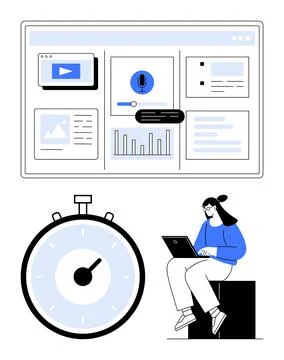 Digital Workspace Management with Dashboard, Timer, and Remote Work Efficie.. Illustrazione stock