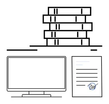 Digital Workspace Management with Stacked Files, Computer Monitor, and Sign.. Stock Illustration