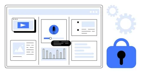 Digital Workspace with Media, Analytics, and Security Lock Stock Illustration