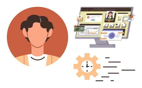 Digital Workspace with Profile, Data, and Time Management Concept Stock Illustration