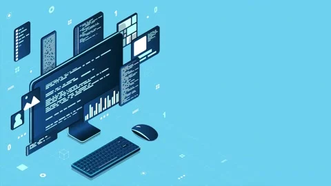 Digital Workspace with Programming and Data Windows Stock Footage 305682071