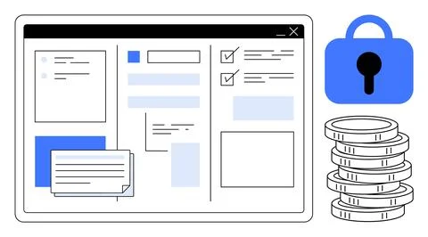 Digital Workspace with Security and Financial Elements Stock Illustration