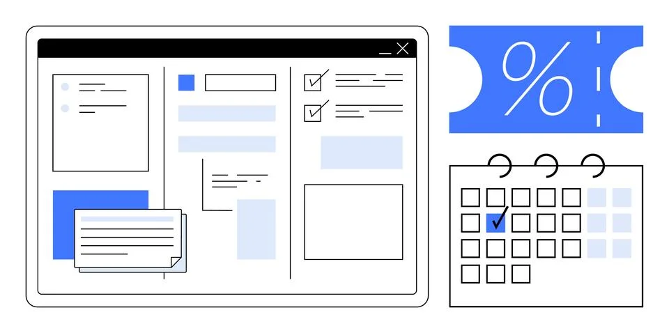 Digital Workspace with Task Management, Calendar, and Discount Coupon Element 스톡 일러스트