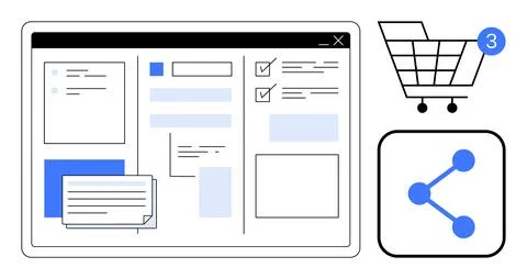 Digital Workspace with Task Management Elements, Shopping Cart and Social M.. Stock Illustration