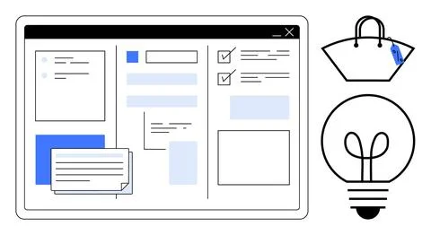 Digital Workspace with Task Management, Shopping, and Innovation Concepts 库存插图