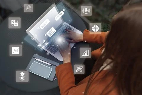 Digital workspace with technology icons representing remote work tools during 库存照片