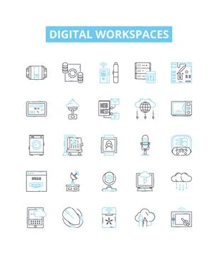 Digital workspaces vector line icons set. Digital, Workspaces, Virtual Stock Illustration