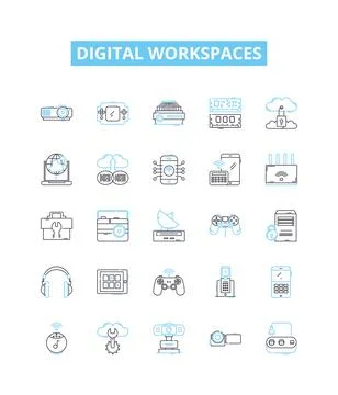 Digital workspaces vector line icons set. Digital, Workspaces, Virtual 스톡 일러스트