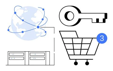Digital world connection, security key, data servers, and shopping cart wit.. Stock Illustration