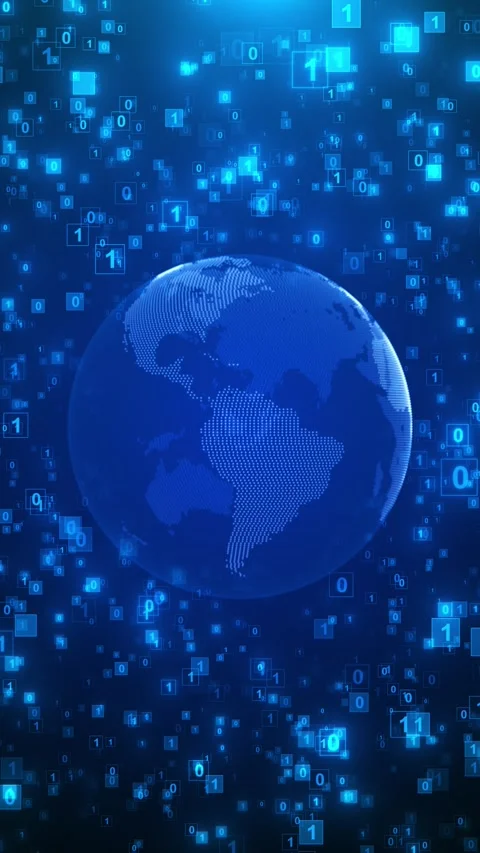 Digital world data code visual Earth, floating binary numbers, glowing blocks, c Stock Footage 340409659