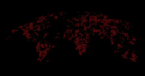 Digital world dotted world map over dark... | Stock Video | Pond5