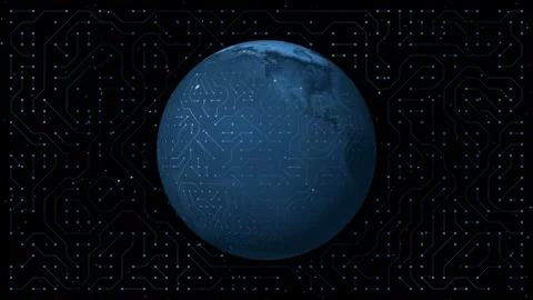 The Digital World: earth globe spinning with circuit board lines on its surface Stock Footage 320857522