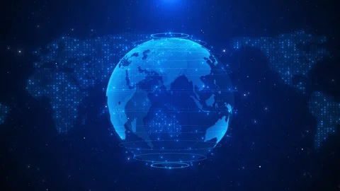 Digital world globe background blue map, dotted data sphere, orbit rings, and ne Stock Footage 340418003