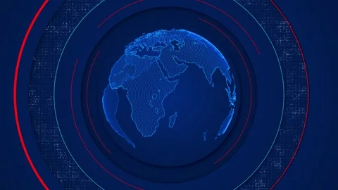 Digital world globe HUD dotted Earth map, circular red cyan interface rings, fut Stock Footage 340471729