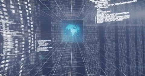 Digital world with glowing globe surrounded by streaming data and code lines Stock Photos