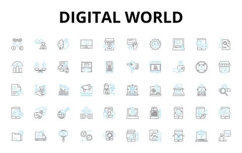 Digital world linear icons set. Internet, Technology, Social media Stock Illustration
