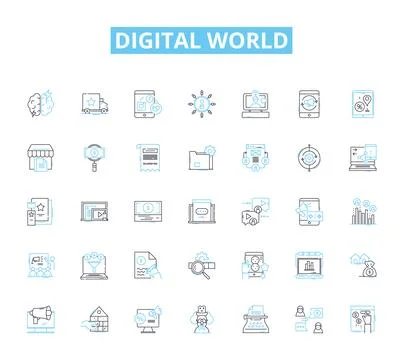 Digital world linear icons set. Internet, Technology, Social media Stock Illustration