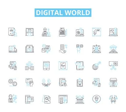 Digital world linear icons set. Internet, Technology, Social media Stock Illustration