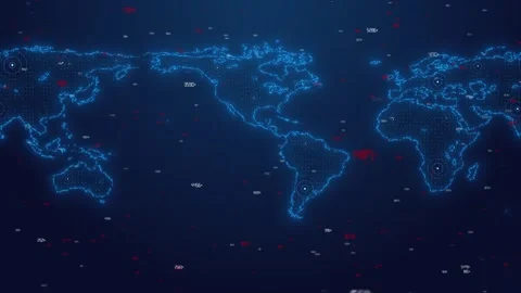 Digital world map analytics visual with blue dotted continents, red white data n Stock Footage 340551342