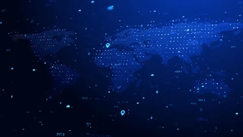 Digital world map analytics visual blue dotted continents, glowing location poin Stock Footage 340576187