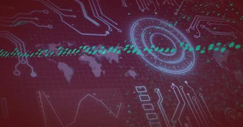 Digital world map and circuit board image over red background with data charts Stock Photos