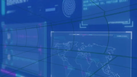Digital world map and data processing animation over blue futuristic interface Stock Footage 303675474