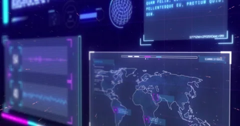Digital world map and data processing animation with futuristic interface Stock Footage 305729322