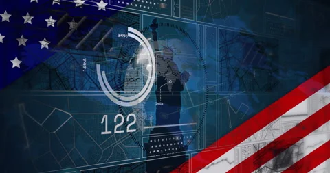 Digital world map and data processing animation over American flag elements Stock Footage 306217870