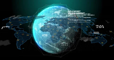 Digital world map and data visualization animation over rotating globe Stock Footage 306717949