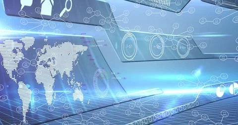 Digital world map and data processing image over futuristic interface Stock Illustration