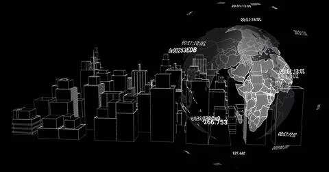 Digital world map and data codes image over wireframe cityscape 스톡 사진