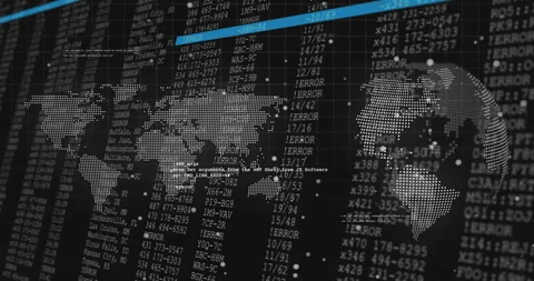 Digital world map and error codes over financial data processing animation Stock Footage 306170977