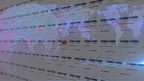 Digital World Map and Globe Overlay on Global Forex Currency Trading Screen Vidéo 336478450