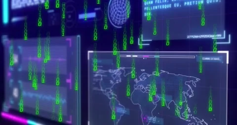 Digital world map with binary code animation over futuristic interface Stock Footage 328087911