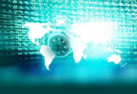 Digital world map with binary code and padlock concept series Stock Illustration