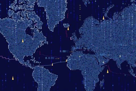 Digital world map with binary code, financial indicators and global data stre Stock Illustration