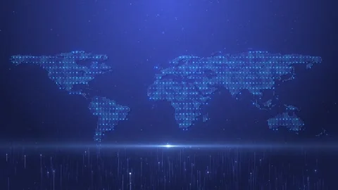 Digital World Map Binary Dots Light Flare Rising Data Network Background Stock Footage 315400538