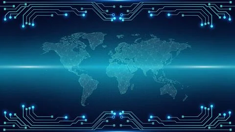 Digital world map with blue circuit board lines background for technology a.. Stock Illustration