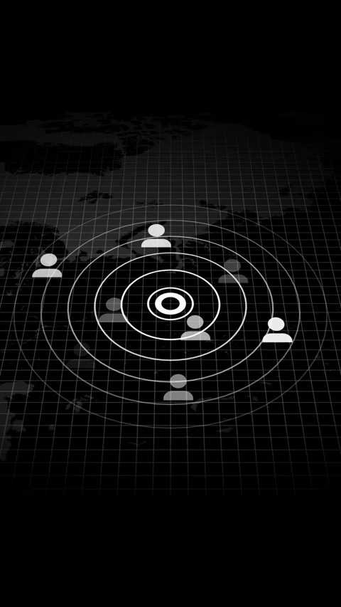 Digital world map with central target and people icons. World map people ic.. Stock Footage 344842890