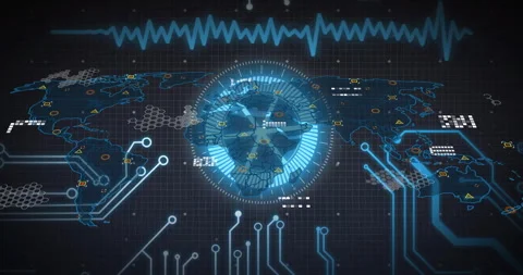 Digital world map with circuit patterns and data processing animation Stock Footage 304853697