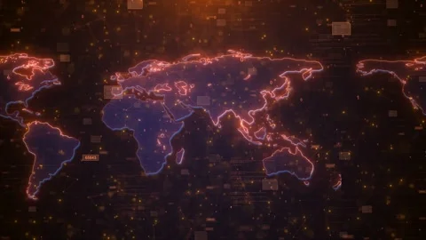 Digital world map code background glowing country outlines, orange data numbers, Stock Footage 333980162