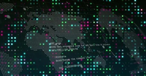 Digital world map with colorful data points and programming code overlay 스톡 사진