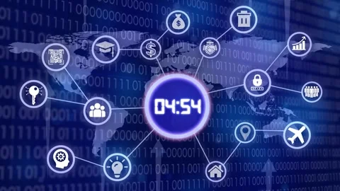 Digital world map with countdown timer and icons for global networking and .. Stock Footage 327759599