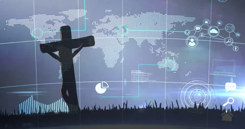 Digital world map with cross silhouette and data animation elements displayed Stock Footage 304841674
