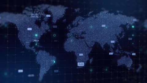 Digital World Map dark blue Hologram Background, business and technology co.. Stock Photos