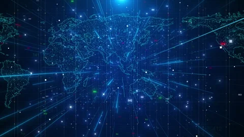 Digital world map data network background glowing cyan continents, grid lines, n Stock Footage 340397660