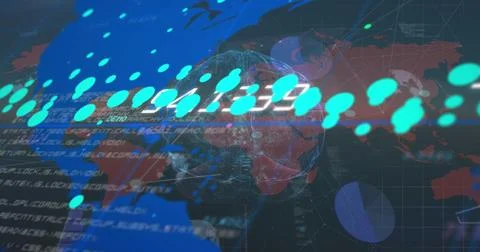 Digital world map with data points and binary code overlay Stock Photos