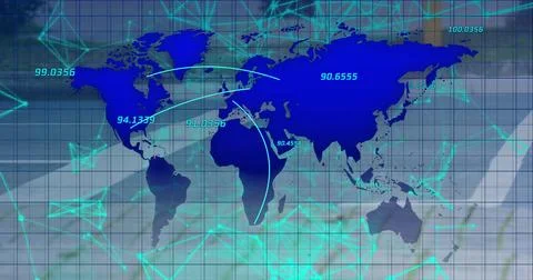 Digital world map with data points and connecting lines Stock Photos