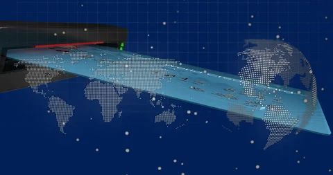 Digital world map with data processing animation over blue grid background Stock Footage 303685848