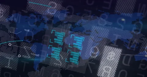 Digital world map with data processing animation over blue and black background Stock Footage 303941388